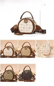 Detailed size specifications and five color variants of the patterned round crossbody bag