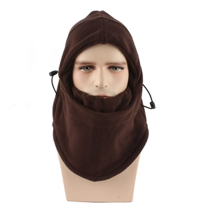 Detailed close-up of dark brown fleece balaclava with adjustable drawstring and nose cover