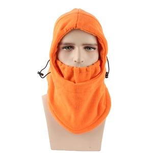 Detail of orange fleece thermal balaclava with black adjustable drawstring toggles