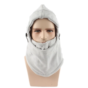 Front view of light grey fleece balaclava on head model for outdoor winter warmth