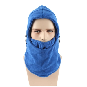 Detail of blue fleece thermal cycling hood with adjustable drawstring and windproof design