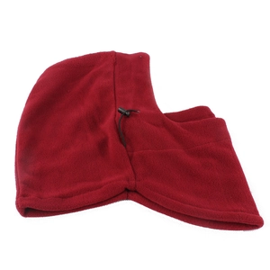 Detail of deep red fleece thermal balaclava showing the adjustable drawstring and soft texture