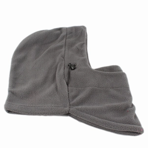 Detail view of grey fleece thermal balaclava showing adjustable drawstring and soft texture
