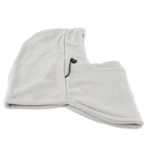 Detailed view of light gray fleece cycling hood with adjustable drawstring and toggle