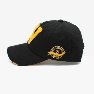 Classic black and yellow baseball cap with V embroidery and side badge detail