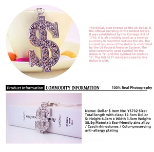 Detailed view of silver dollar sign keychain with sparkling rhinestones and size specs