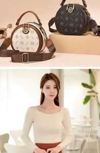Close-up of circular monogram crossbody bag with woven strap and gold metallic zipper