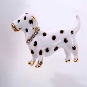 Charming enamel dalmatian dog brooch with gold accents and sparkling crystal collar