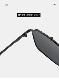 Detail view of the secure metal mirror shaft and hinge on black square sunglasses