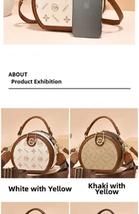 Detail showing patterned PU leather bag with metal logo buckle and phone size comparison