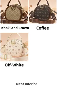 Detail view of round crossbody bags showing organized interior and wide canvas straps