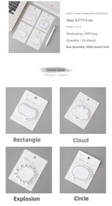 Detail view of speech bubble sticky notes in cloud and rectangle shapes with black borders