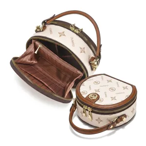 Detail view of the multi-compartment interior and compact storage of the retro round bag