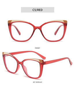 Detail of red cat-eye TR90 eyeglasses with two-tone frame and anti-blue light lenses