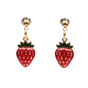 Detail view of strawberry-shaped dangle earrings with red enamel and gold finish