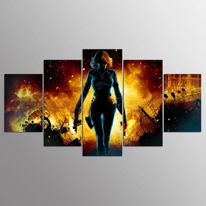 Detailed view of a 5-panel canvas wall art featuring an action heroine with orange flames
