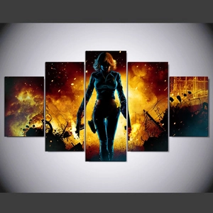 Detail of five-panel canvas wall art featuring a tactical female warrior in flames