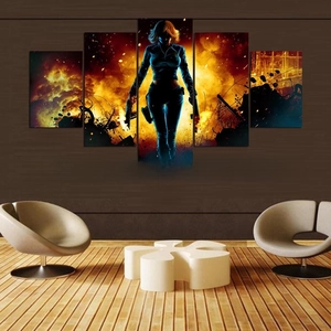 Detailed close-up of a 5-panel canvas wall art featuring a heroic female figure and flames