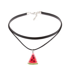Double-layer black leather choker necklace featuring a colorful watermelon slice pendant