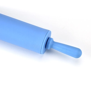 Professional 30.5cm non-stick blue silicone rolling pin for baking on white background