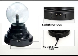 Detail of 3-inch plasma ball lamp with black base, toggle switch, and 5V USB power port
