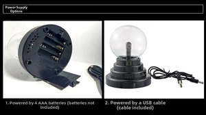 Detailed view of dual power supply options via USB cable or 4 AAA batteries for plasma ball