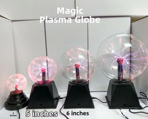 Size comparison of 3, 5, 6, and 8 inch magic plasma ion lamps with black bases and glowing effects