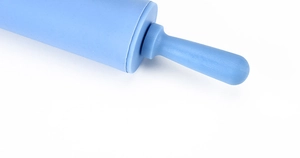 Detailed close-up of blue non-stick silicone rolling pin head and handle for baking