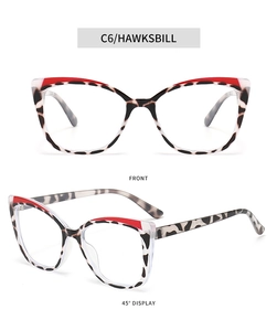 Detail of TR90 cat eye glasses frames in hawksbill pattern and red accents, C6 color view