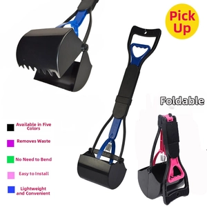 Close-up of foldable long-handle pet pooper scooper showing mechanism and compact storage