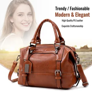 Vintage brown crocodile pattern Boston handbag with double handles and shoulder strap