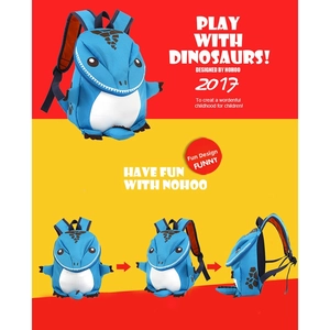 Blue dinosaur backpack with 3D horns, adjustable straps, and side profile detail views
