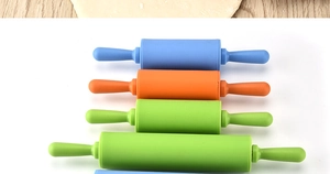 Detailed view of 30.5cm non-stick silicone rolling pins in blue, orange, and green