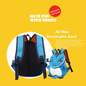 Breathable mesh back panel on blue cartoon dinosaur backpack for kids providing comfort