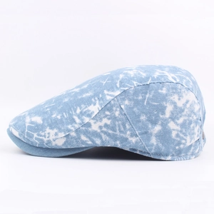 Washed light blue denim beret cap with vintage bleach texture for men and women