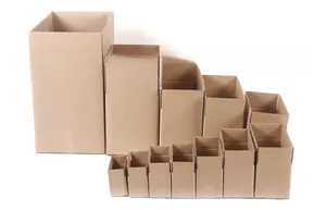 Multiple sizes of thick corrugated brown cardboard boxes arranged in a stepped row