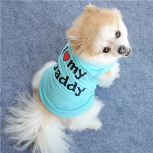 Close-up of blue cotton dog vest with black I Love My Daddy print and red heart