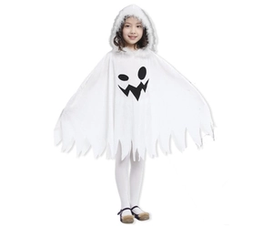 White ghost hooded cape for kids with faux fur trim and jagged hem for Halloween