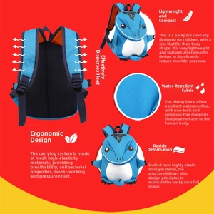 Detail of waterproof neoprene kids backpack with breathable mesh and dinosaur design