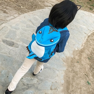Blue nylon cartoon dinosaur backpack with 3D fins for kids during outdoor activities