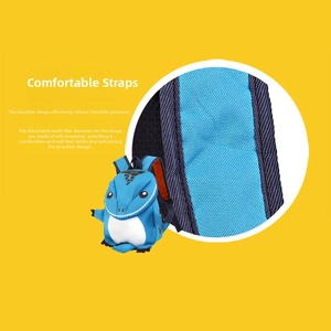 Detail of comfortable cushioned straps on a blue dinosaur kids backpack made of soft neoprene