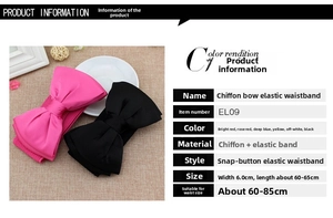 Detail of chiffon bow elastic waist belt with button closure and color variations
