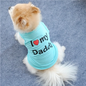 Close-up of blue cotton dog vest featuring a black I Love My Daddy print on the back