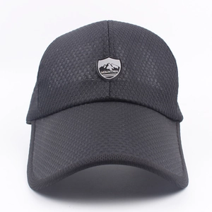 Mesh baseball cap with extended brim and mountain shield patch for summer outdoor sun protection