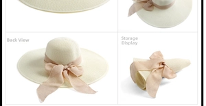 Detalle de sombrero de paja plegable con elegante lazo de gasa rosa para playa
