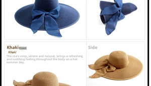 Sombreros de playa plegables de ala ancha en caqui y azul marino con lazo decorativo