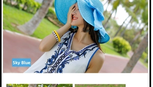 Sombrero de paja azul cielo de ala ancha con lazo elegante para sol y vacaciones de verano