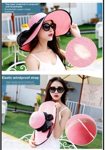 Sombrero de sol de paja rosa con lazo negro y correa cortavientos para la playa
