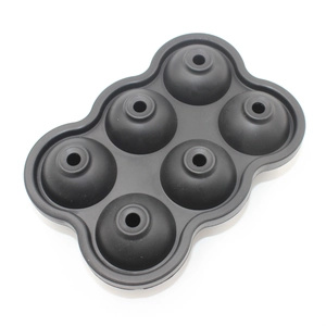 Top view of a black food-grade silicone mold for making six large spherical ice balls