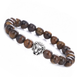 Lion Head Tiger Eye Stone Beaded Bracelet Elastic Natural Gemstone Punk Jewelry For Men Women